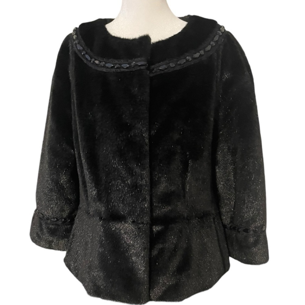 Terry Lewis Classic Luxuries Cropped Faux Fur Black Beaded Jacket Sz M Formal - Picture 2 of 9
